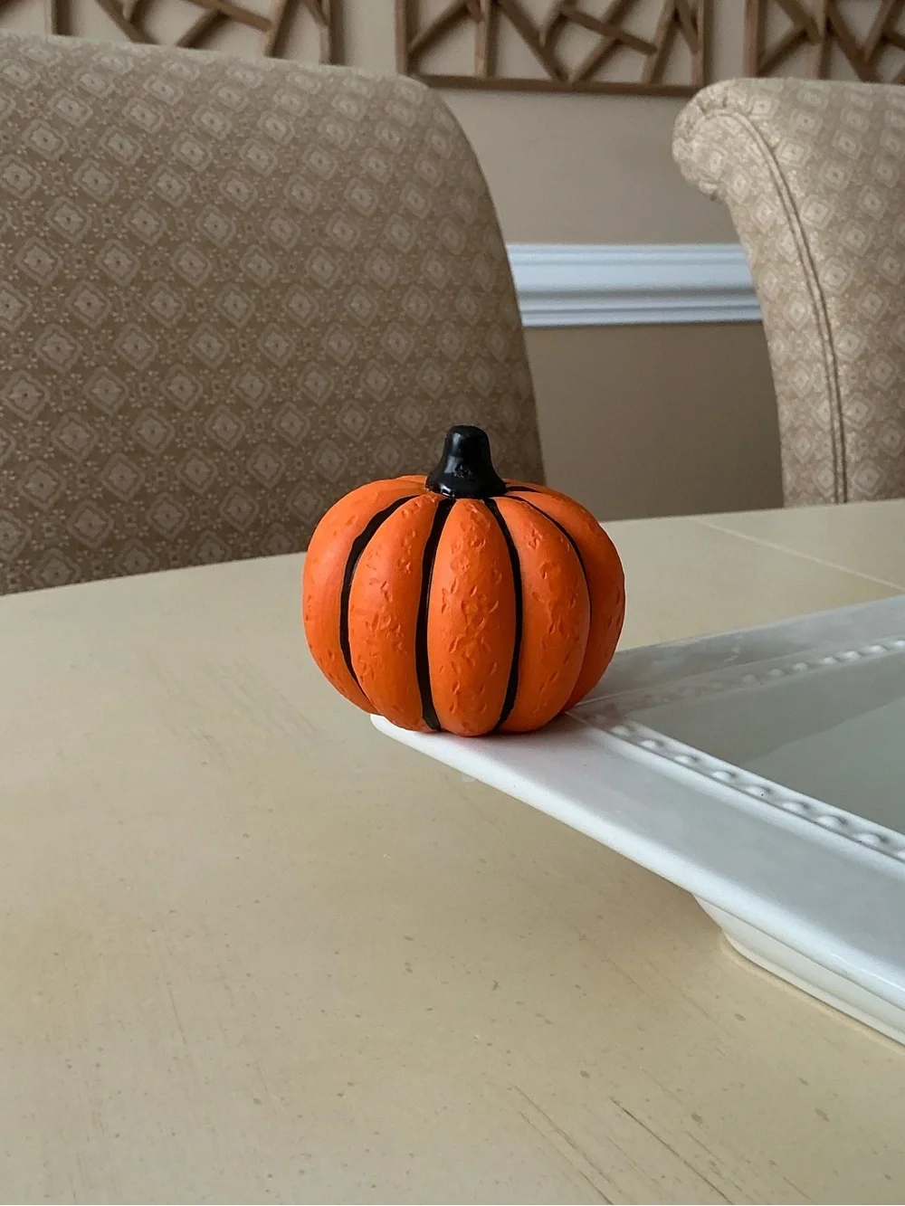 Orange Halloween Autumn Pumpkin Platter Decoration - Black Stripes